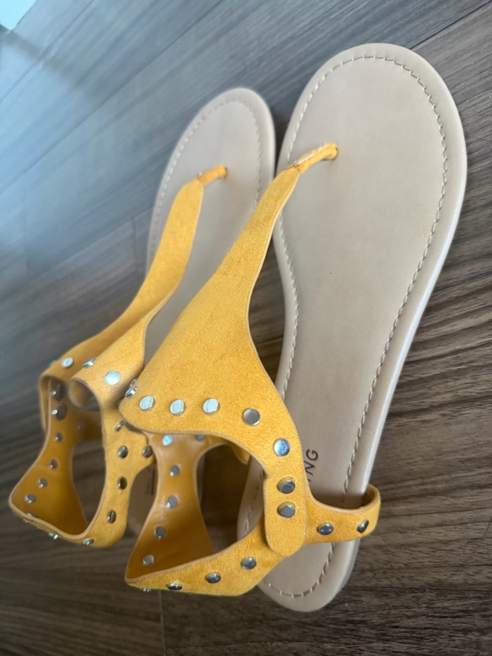Call It Spring Yellow Suede T-Strap Stud Sandals
